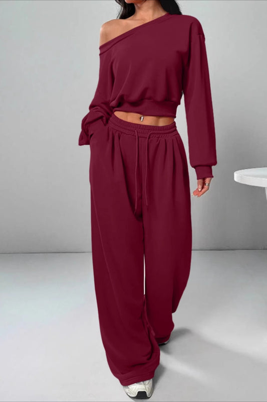 Ribbed Off Shoulder Crop Sweatshirt Pants Set