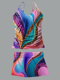 Colored Water Ripples V-Neck Vintage Flowers Print Suspender Skirt Tankini Pantskirt Set Swimsuit