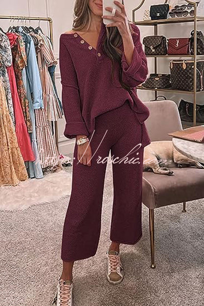 Heather Hailey Color Button V Neck Top and Pant Two Piece Set