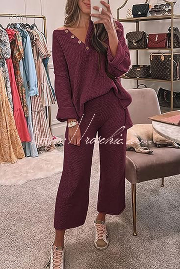 Heather Hailey Color Button V Neck Top and Pant Two Piece Set