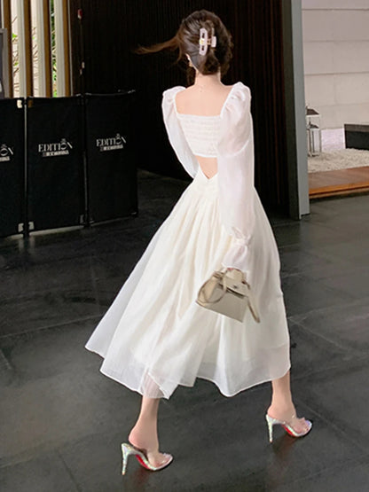 Long Sleeve Midi Dress Spring Summer New White Party Holiday Backless Prom Mixi Clothes Vestidos Robe