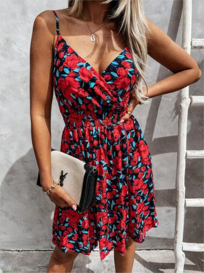 Print Spaghetti Strap Mini Dresses V-neck Backless Sleeveless Short Dress Vestidos Female Summer New