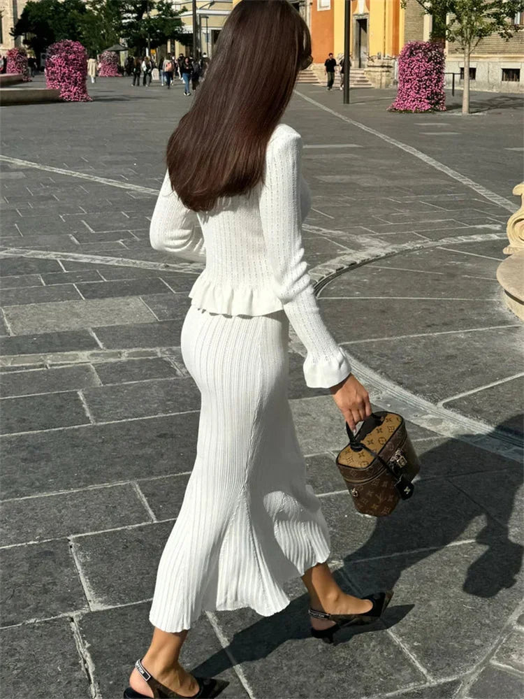 Ruffled Knit Maxi Dress ’s 2 Piece-set V-neck Hollow Out Patchwork Party Dress Female Knitwear Dress