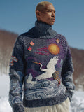 Japanese Crane & Ocean Wave Men's Knit Turtleneck Sweater artswardrobe