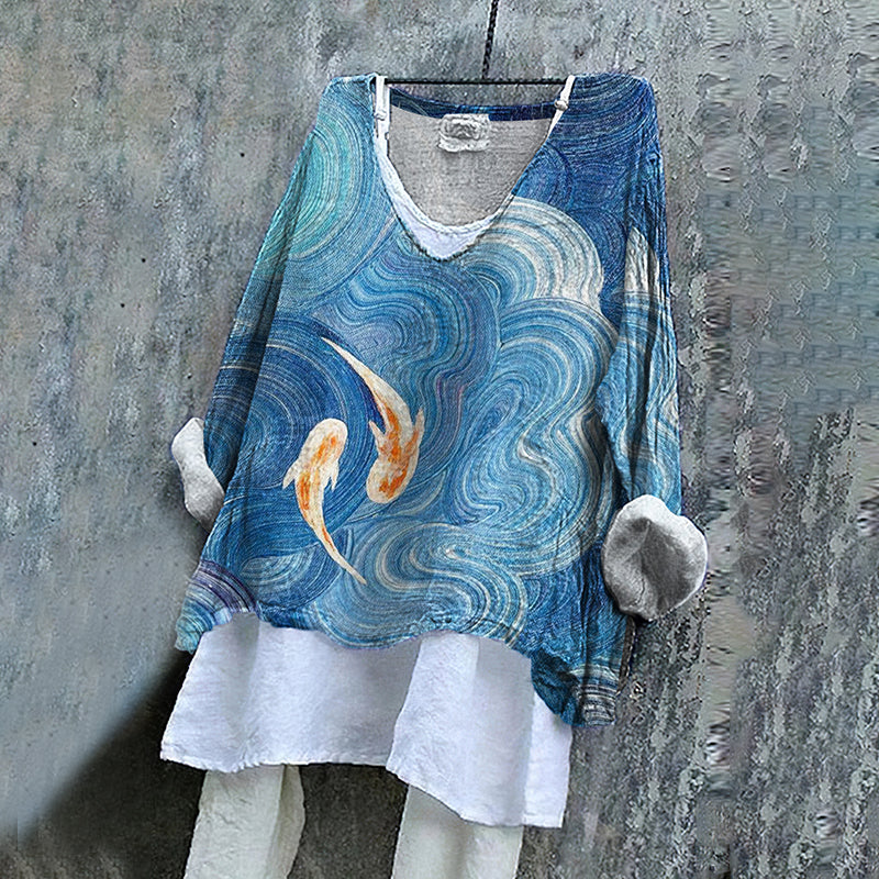 Comstylish Japanese Art Wave Goldfish Print V-Neck Loose Blouse