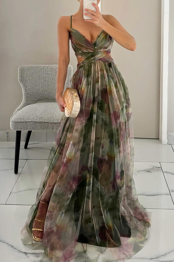 ' Summer Princess Chiffon Printed Hollow Waist and Back Lace Up Long Dress