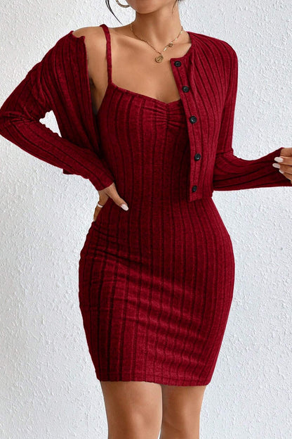 Slim Crop Cardigan Dress Two Piece Set