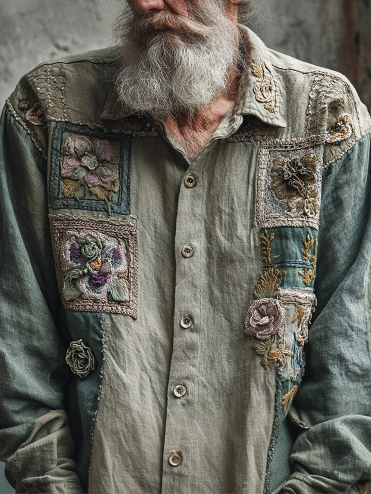 Boho Vintage Floral Patchwork Art Men's Linen Long Sleeve Shirt elevenforest