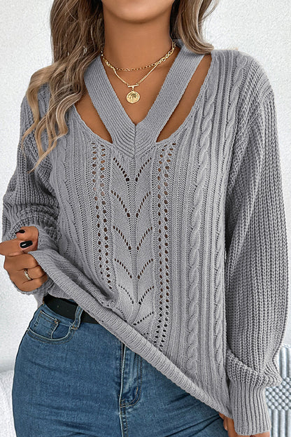 Hollow V-neck Long-sleeved Knitted Sweater