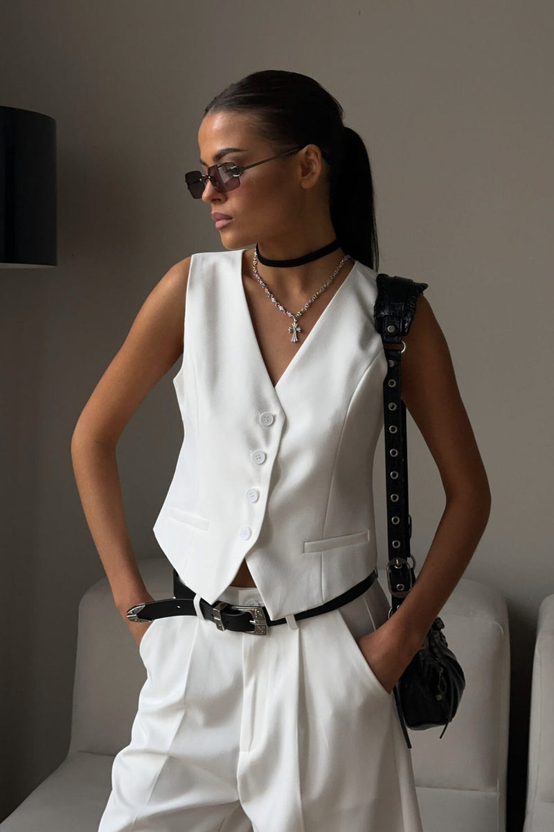 V Neck Single Breasted Two Piece Vest Shorts Set