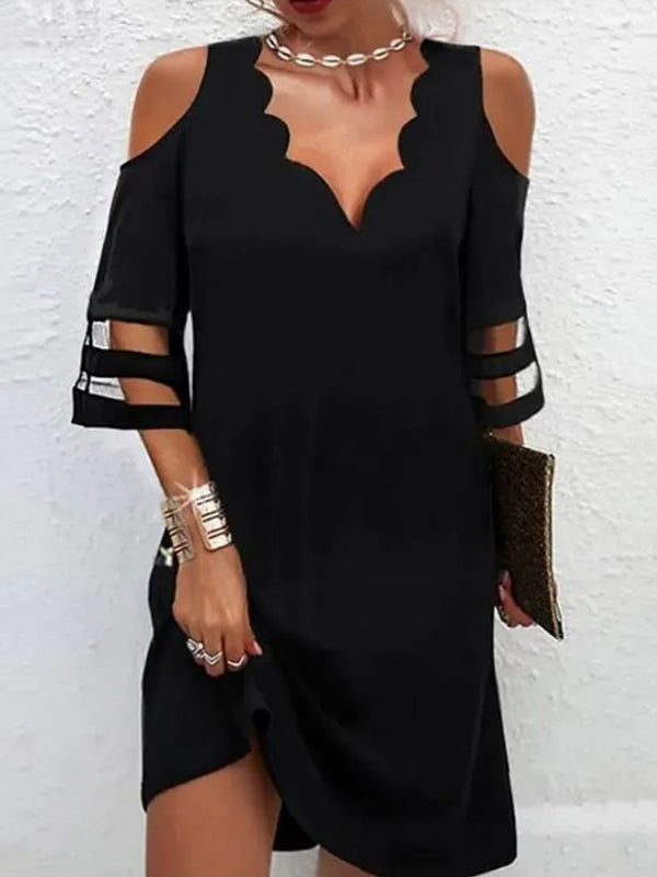 Half Sleeves Loose See-through Color Split-joint Cold Shoulder Mini Dresses