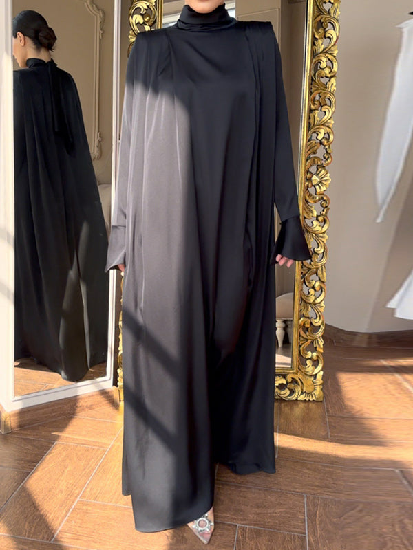 Flared Sleeves Long Sleeves Color High-neck Maxi Dresses