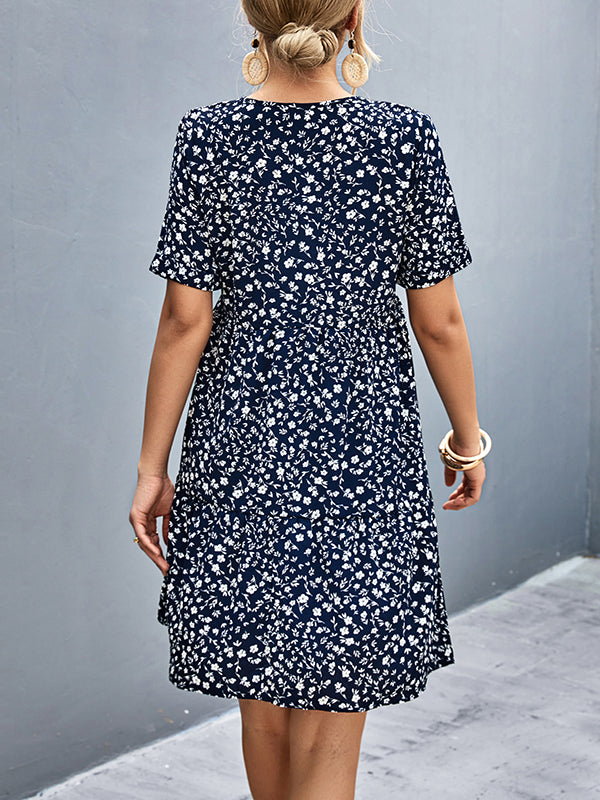 Short Sleeves Flower Print Split-joint V-neck Mini Dresses
