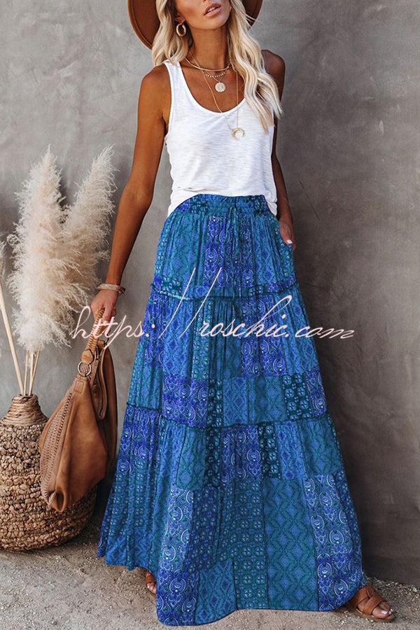 Print Stretch Elastic Waist Pocket High Waist Skirt