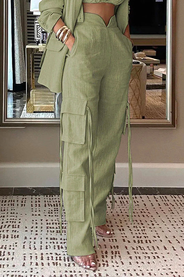 Stylish Lapel Long Sleeve Loose Jacket and Pocket Lace-up Straight Leg Pants Set