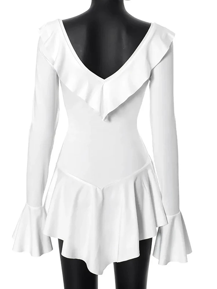 Julissa Mo Deep V-neck Ruffles Bandage Dress White Flare Sleeve Mini Dress Female Autumn Slim Beach Partywear