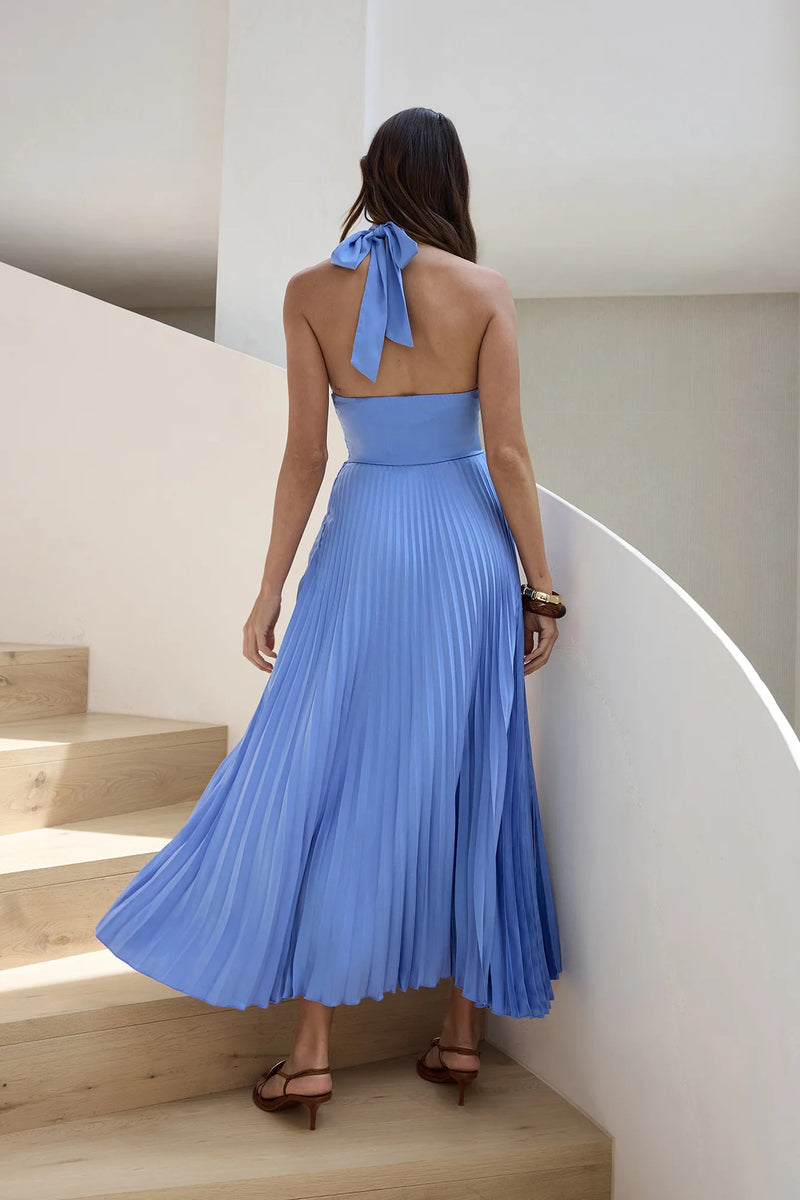 Color Halter Neck Hollowed-out Pleated Holiday Maxi Dress