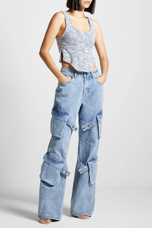 High Waist Pocket Detail Straight Leg Cargo Pant