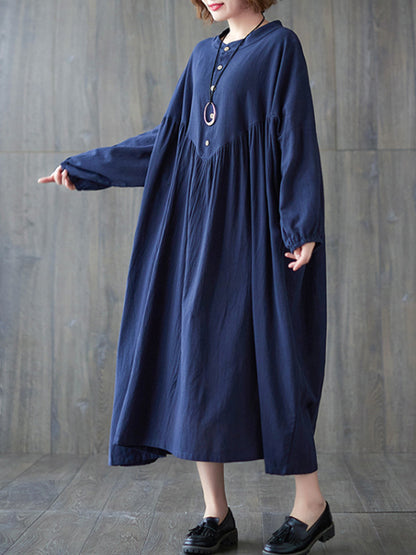 Loose Puff Sleeves Pleated Color Stand Collar Midi Dresses