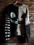 Halloween Spooky Smiling Cat Face Contrast Stitched Knit Sweater elevenforest