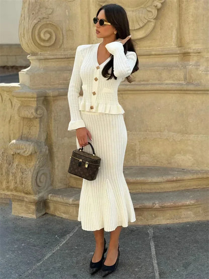Ruffled Knit Maxi Dress ’s 2 Piece-set V-neck Hollow Out Patchwork Party Dress Female Knitwear Dress