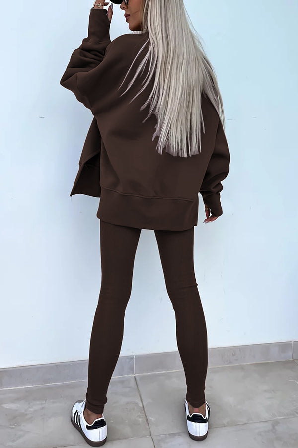Color Loose Long Sleeve Slitsweatshirt and Elastic Waist Tight Pants Set