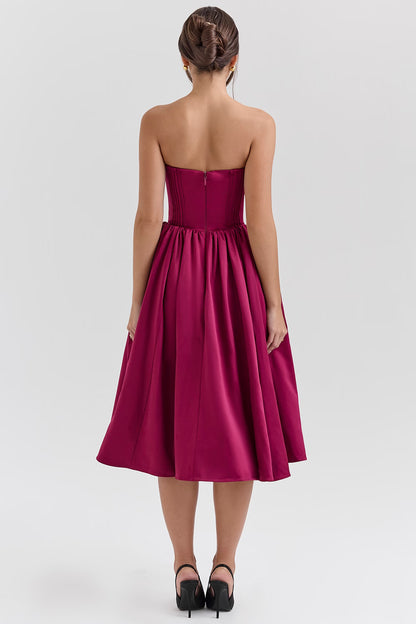 Burgundy Satin Tulle Midi Dress -