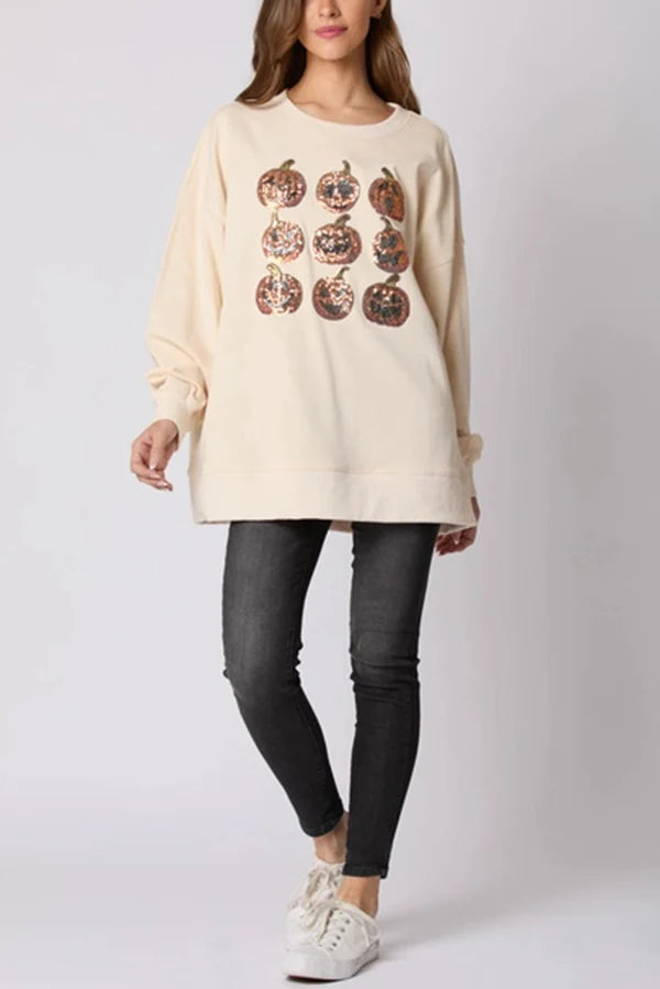 Halloween Pumpkin Sequin Loose Sweatshirt