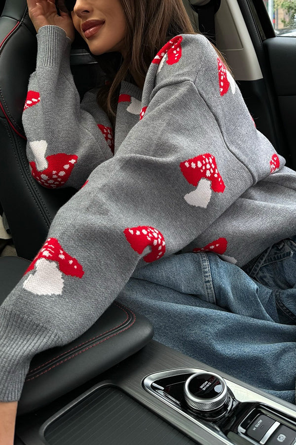 Mushroom Pattern Loose Round Neck Knitted Sweater