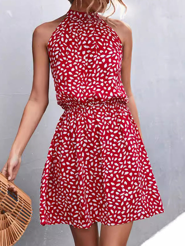 A-line High Waisted Elasticity Leaves Print Pleated Halter-neck Mini Dresses