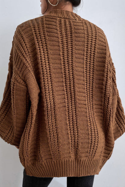 V-neck Cable Knit Balloon Sleeve Cardigan