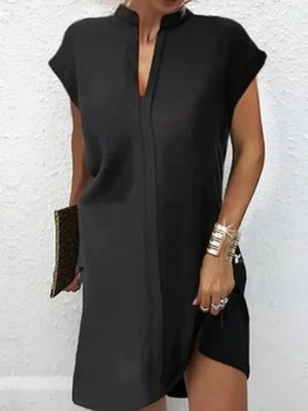 Loose Short Sleeves Color Split-joint V-neck Mini Dresses Short Dresses