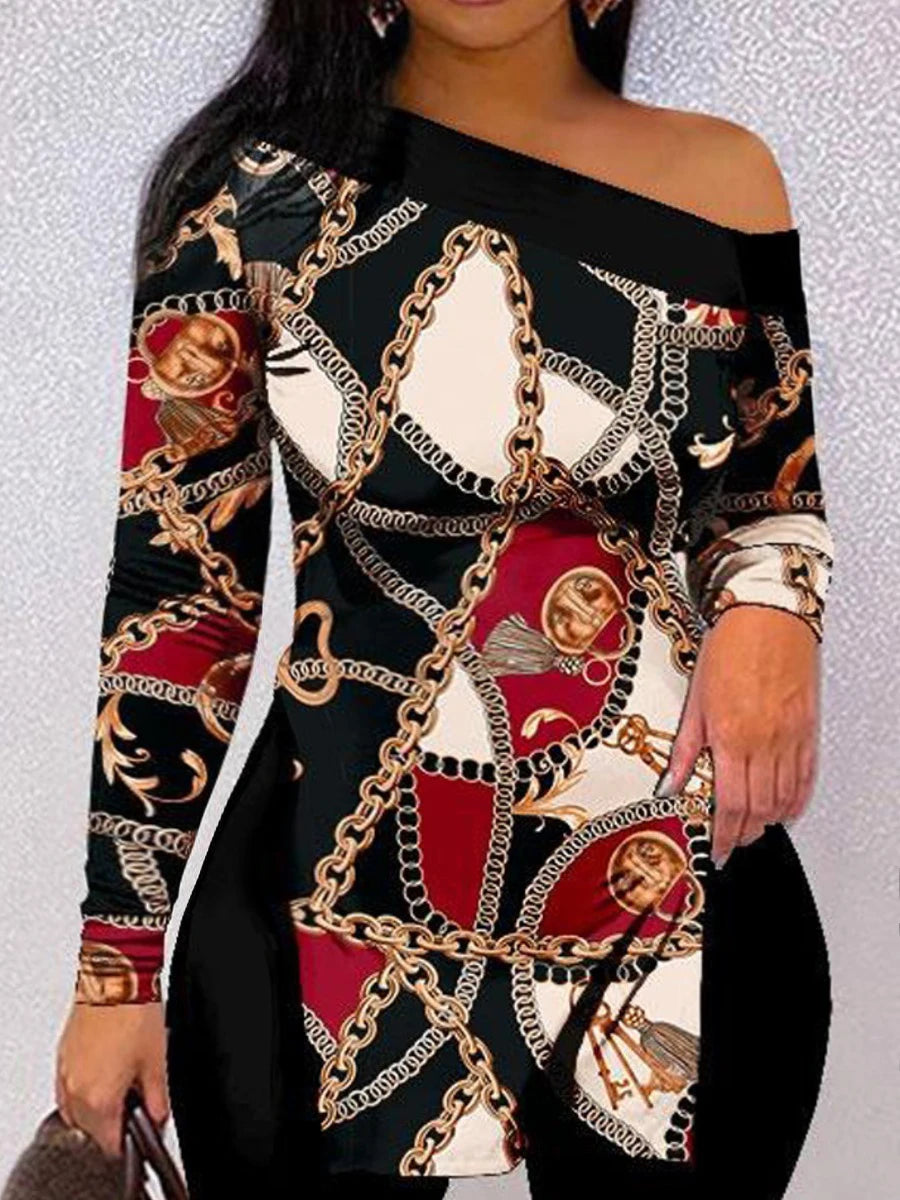 Chain Print Side Split Pants Set for Bateau Neck Long Sleeve Two Pieces Matching Suits Outfit