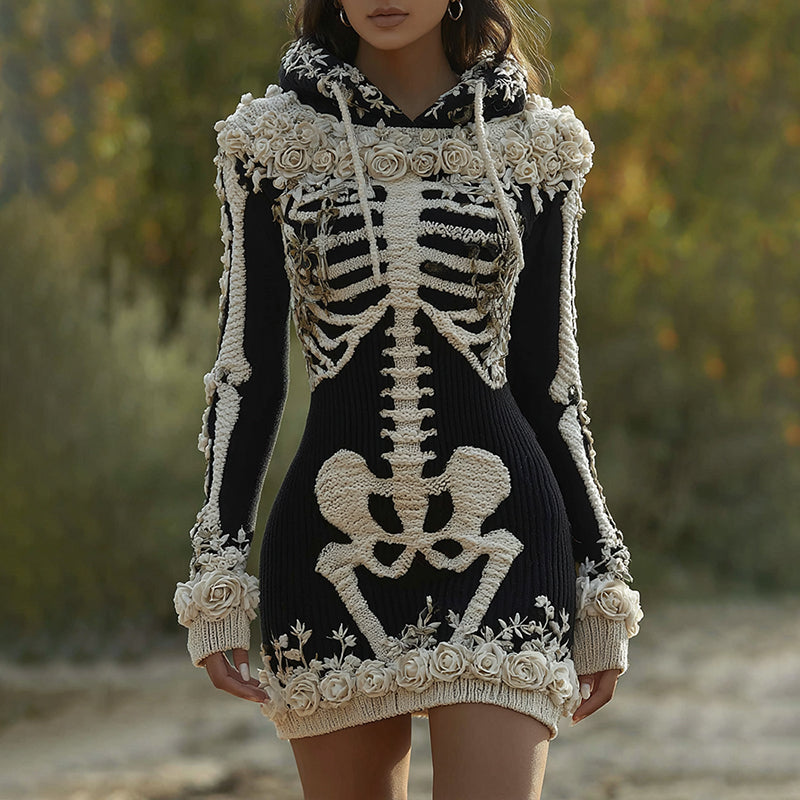 Women's  Halloween Skeleton Bones With Roses Art Cozy Knit Hooded Sweater Dress elevenforest