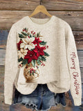 Comstylish Merry Christmas Poinsettia Embroidery Art Cozy Knit Sweater