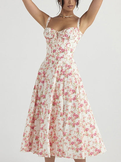 French Ditsy Print Breasted Slim Midi Dress