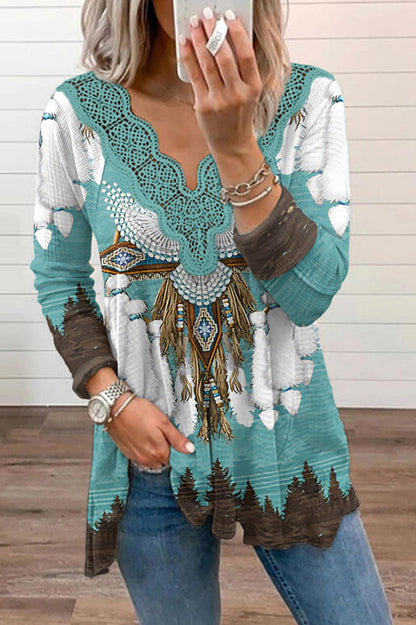 Mexican Past Hippie Print Lace Trim Stretch T-shirt