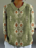 Women's Vintage Botanical Floral Patchwork Art Print Design Lapel Shirt elevenforest