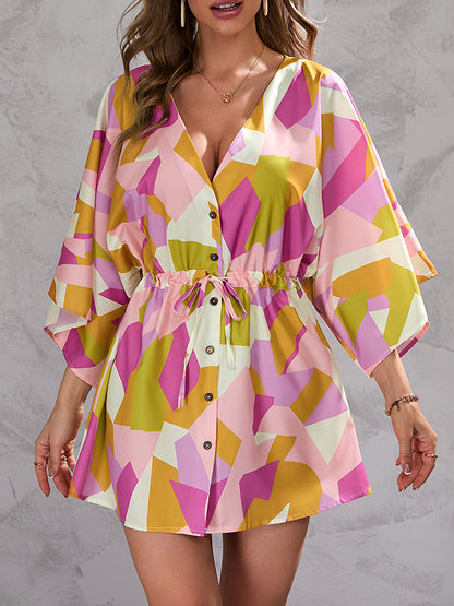 A-line Half Sleeves Buttoned Drawstring Printed V-neck Mini Dresses