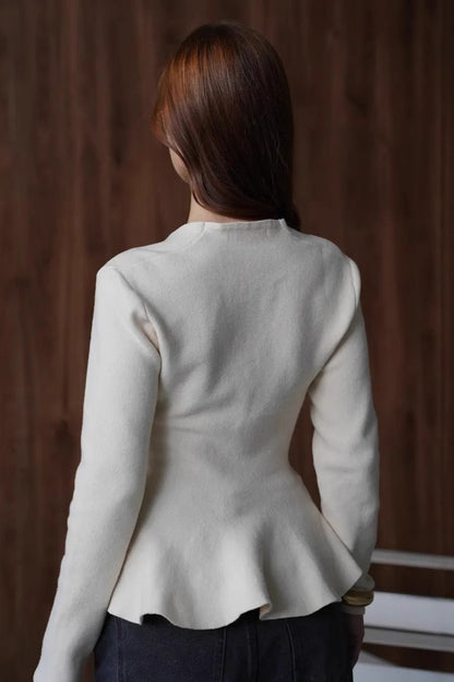 Fitted Ruffled Hem Long Sleeve Knit Cardigan