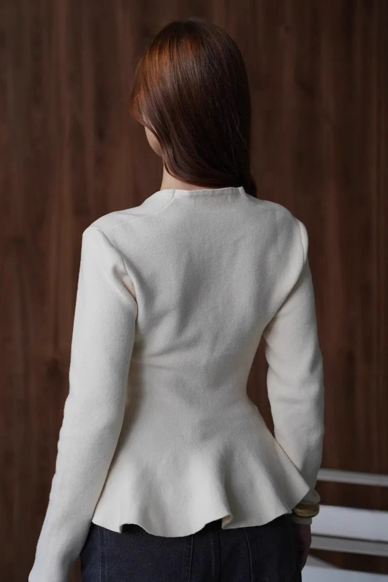 Fitted Ruffled Hem Long Sleeve Knit Cardigan