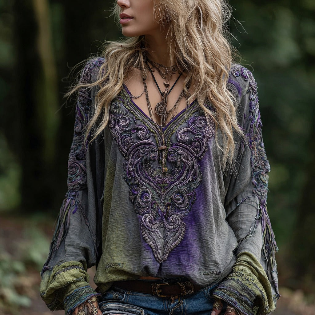 Women's Vintage Viking Celtic Knot Art Pattern Linen Shirt elevenforest