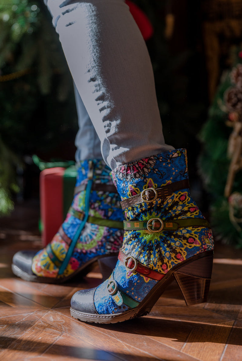 Soffia | Mandala Blue Firework Strap Accent Leather Boot