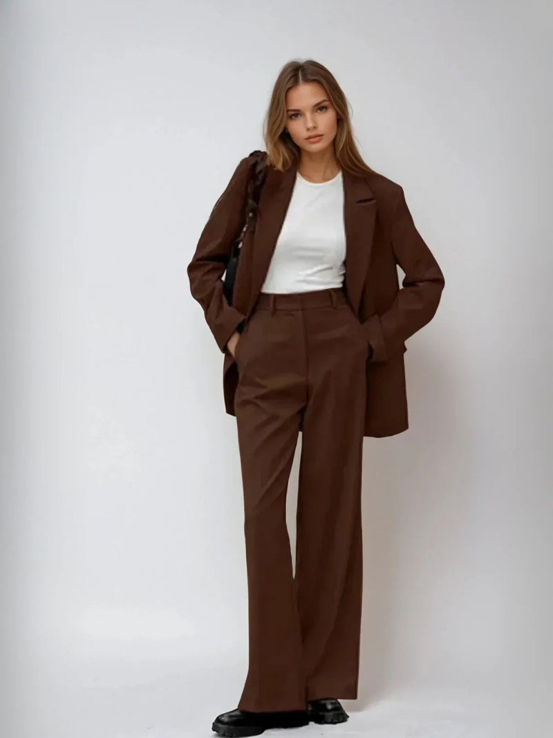 Mocha Blazer & Wide-leg Pants Matching Set