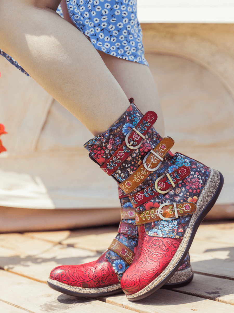 Soffia | Daisy Printed Straps Leather Ankle Boot