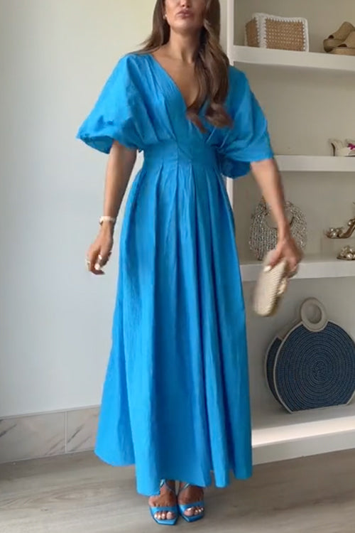 V Neck High Waist Ruched Swing Maxi Dress