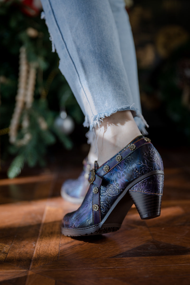Soffia | Rose Embossed Relief Purple Leather Ankle Boot