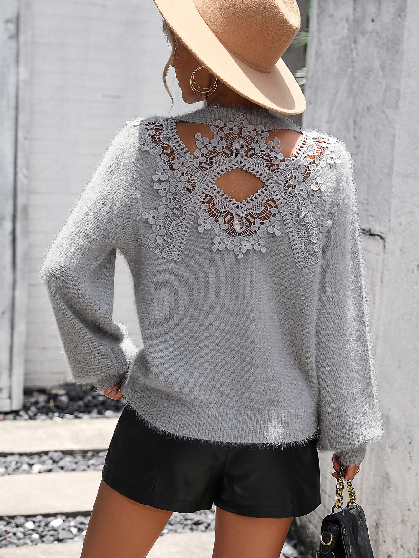 Petals Lace Pullover Sweater - Grey