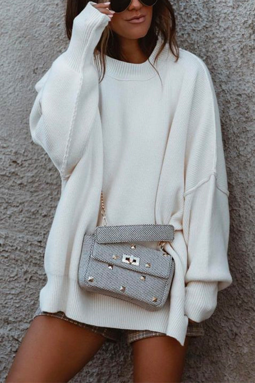 Crewneck Side Split Ribbed Knit Sweater
