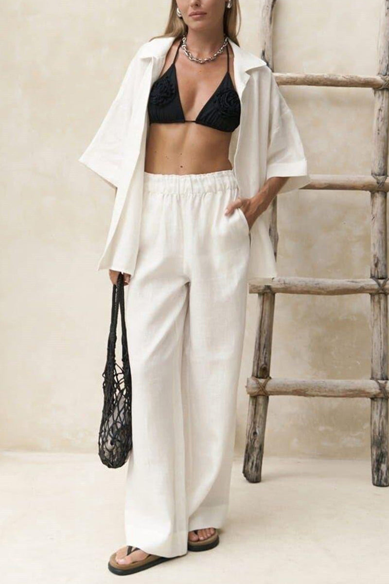 Color Cotton Half Sleeve Blouse Pants Set
